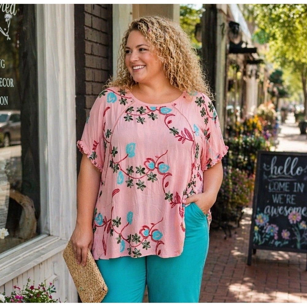 Liv Los Angeles Embroidered Floral Blouse Women's 2X Boho Pink Rayon Top